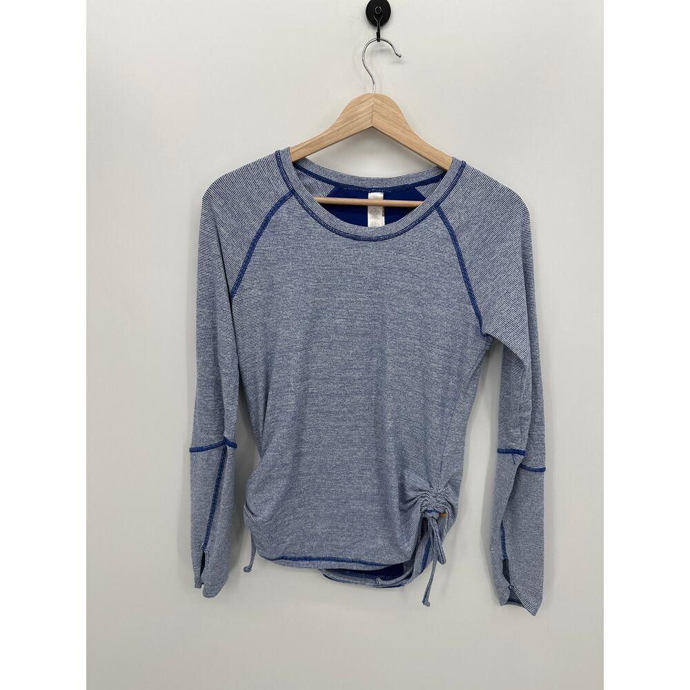 Lucy Lucytech Blue Striped Long Sleeve Workout Shirt Women Sz S Cinch Thumbhole